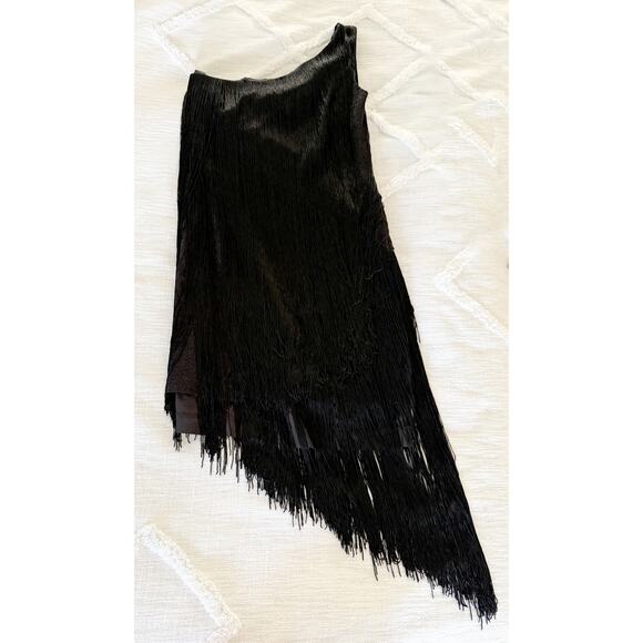 Aidan by Aidan Mattox | One Shoulder Flapper Style Black Dress with Fringe | 4 - Picture 1 of 9